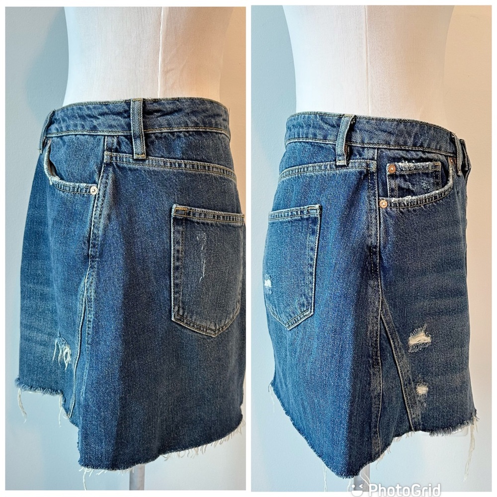 We the Free Harvey Blue Denim Mini Skirt Distressed Raw Hem Button Fly, size 31 - Picture 4 of 16